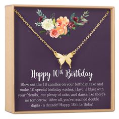 a birthday card with a butterfly and flowers on it in a wooden box that says happy 10th birthday