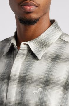 A softly brushed blend of cotton, linen and wool brings exceptional comfort to a shirt that's patterned in a gradient check and sized for layering in the cold. Hidden-button placket Spread collar Long sleeves with button cuffs 56% cotton, 30% linen, 14% wool Dry clean or hand wash, dry flat Imported Saturdays Nyc, Fabric Gift Bags, Fabric Gifts, Free Fabric, Button Placket, Cotton Linen, Button Up Shirts, Layering, Button Up