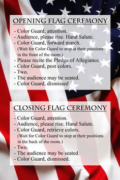 an american flag with the words closing flag ceremony written below it in black and white