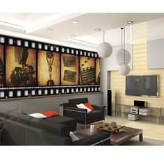 a living room filled with furniture and a flat screen tv mounted to the side of a wall