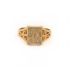 This elegant European 1960's signet ring is one that's truly stood the test of time. Comprised entirely out of solid 10 karat gold, this beautiful antique features a squared face and unique engraving for the signet. A ring that would make the perfect gift for that someone special as well it would make a gorgeous base of a stacking suite of rings you could add to over the years.  Dimensions- Size: 9.75 Height of Face: 1/2 in. Width of Face: 7/8 of an inch Code: HWR54Z (ORE) Cursive H, Gold G, Gold Signet Ring, Contemporary Jewelry, Signet Ring, Rings Statement, Unique Vintage, Vintage Gold, Statement Rings