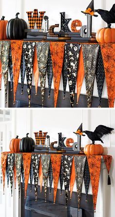 two pictures of halloween decorations with black and orange flags on the mantel above them