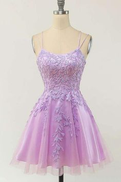 Cute Purple Lace And Tulle Short Straps Homecoming Dress Prom Dress, Purple Formal Dresses on Luulla Purple Short Formal Dresses, Light Purple Dama Dresses, Short Purple Dress Formal, Light Purple Dress Short, Unique Hoco Dresses Short, Purple Short Dresses, Flowy Homecoming Dresses, Homecoming Dresses Purple, Rapunzel Quince