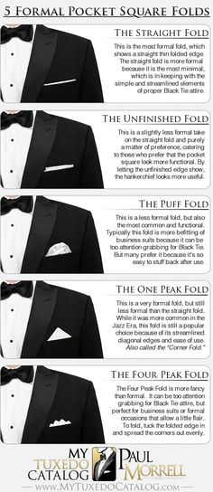 5 Formal Pocket Square Folds - MyTuxedoCatalog.com Pocket Square Folds, Gentleman Mode, Style Gentleman, Black Tie Attire, Mens Fashion Blog, Sharp Dressed Man, Wedding Suits Men, Pocket Squares, Tuxedos