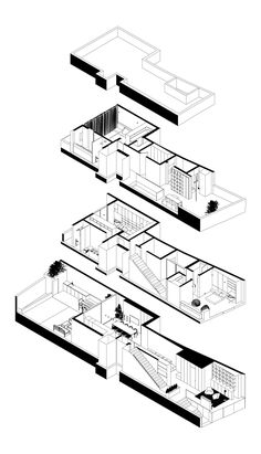 three black and white architectural drawings of an office with stairs, desks, and chairs