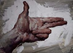 a painting of a person's hand on a white background with brown and gray colors