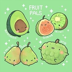 an illustration of fruits and vegetables with the words fruit pals written in white on a green background