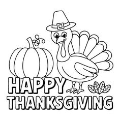 happy thanksgiving coloring page with a turkey and pumpkin