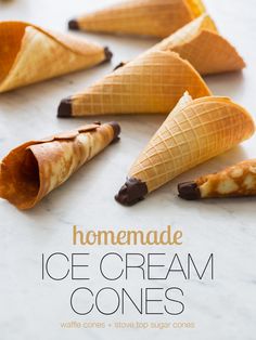 homemade ice cream cones with melted chocolate on top and the title reads homemade ice cream cones