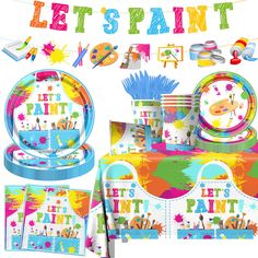 an assortment of party supplies including plates, napkins and paper decorations with the words let's paint on them