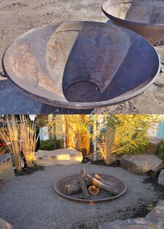 an outdoor fire pit surrounded by rocks and gravel in the middle of a garden area