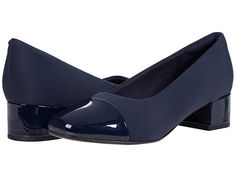 Clarks Marilyn Sara - Women's Shoes : Navy Textile/Patent Combination : The Marilyn Sara is part of the Clarks Collection. Pamper your foot with rich comfort and classic style in the Clarks Marilyn Sara pump. An OrthoLite footbed enhances comfort while reducing impact making this the right choice in or out of the office. Available in a full grain leather, suede or synthetic patent upper. Please refer to color selection for upper detail. Easy slip-on style. Soft textile lining. Block heel sits at Slip-on Closed Toe Court Shoes For Work, Patent Leather Slip-on Heels For Work, Elegant Almond Toe Court Shoes With Arch Support, Classic Formal Heels With Arch Support, Formal Court Shoes With Arch Support And Round Toe, Elegant Heels With Arch Support For Work, Formal Heels With Rubber Heel Cap, Classic Formal Court Shoes With Arch Support, Elegant Court Shoes With Arch Support For Work