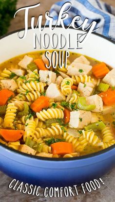 a bowl of turkey noodle soup with carrots and celery