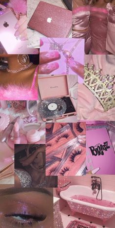 pink and gold collage with various items in it