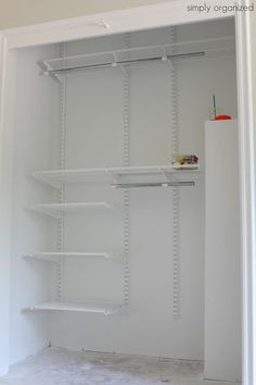 an empty walk in closet with white shelving and shelves on either side, before and after