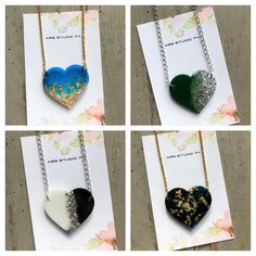 Handmade various styles resin heart necklaces, with glitter or golden flakes. Bespoke, unique gift for her The hearts are made of resin with glitter or imitation gold flakes. The finish is on golden or silver stainless steel chain, choose your preferred chain length at checkout ( length does not include the pendant). The size for the necklace heart pendant is approx 3.3cm wide. Choose from 4 styles: Style 1 Blue and imitation gold flakes, golden chain Style 2 Forest green and silver glitter, silver chain Style 3 White, black and silver glitter, silver chain Style 4 Dark teal and encased imitation gold flakes, golden chain Heart Necklaces, Green And Silver, Golden Chain, Silver Chain Style, Necklace Heart, Gold Flakes, Unique Gifts For Her, Steel Chain, Silver Glitter