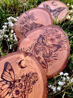 four wooden slices with butterflies on them sitting in the grass and flowers behind them are white wildflowers