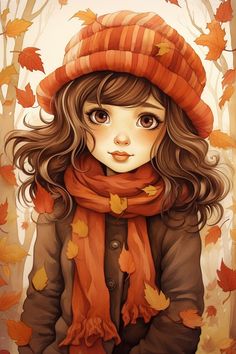 a painting of a girl wearing a red hat and scarf with autumn leaves around her