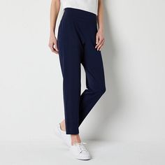 Cut for a high-rise, this pair of women's pants from Stylus is the perfect wardrobe addition for a casual or tailored look. They are made from a woven stretch fabric with a smooth elastic waistband, side and back pockets, and tapered legs that hit right at the ankle. Wear yours with a t-shirt and sneakers for an off-duty look.Front Style: Flat FrontFeatures: Stretch FabricClosure Type: Pull OnFit: Regular FitPockets: 2 Front Slip Pockets, 2 Back Faux PocketsRise: High RiseFiber Content: 83% Poly Stretch Bottoms With Tapered Leg For Business Casual, Stretch Tapered Leg Bottoms For Business Casual, Comfort Stretch Dress Pants For Workwear, Comfort Stretch Straight Pants For Business Casual, Chic Comfort Stretch Tapered Leg Pants, Workwear Tapered Leg Bottoms With Comfort Stretch, Non-stretch Tapered Leg Bottoms For Business Casual, Comfort Stretch Workwear Bottoms With Tapered Leg, Comfort Stretch Tapered Leg Bottoms For Business Casual