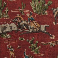 an old rug with cowboys on horses and cactuses in the background, including a man riding a bucking bronco