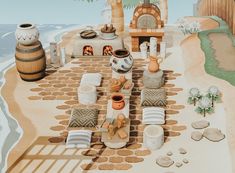 a painting of an outdoor dining area on the beach with pots, plates and cups