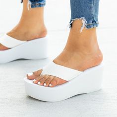 Take Lounging Around To A New Level In Our Latest Sandal~ Crafted Out Of A Comfy Foam Material, These Sandals Features Classic Thong-Style Design And An Easy-To-Wear Slip-On Style For Practicality. Condition: Brand New In Box / Unworn Color: White Heel Height: 3" (Approximately) Fit: True To Size Us (M) Feet In Sandals, Thong Heels, Cool Sandals, Best Flip Flops, Flip Flops For Women, Latest Sandal, Platform Flip Flops, White Nail Polish, Heels Wedge