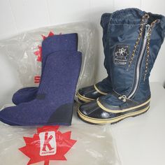 These New Vintage High-Quality Boots Are Made By Sorel. They Feature Kaufman Acadian Style, Jave A Wool Insole, Are Made In Canada, Have A Side Zipper, Are 16" Tall, And Are Size 9. They New As Pictured And Have An Extra Set Of Wool Insoles And Both Origional Bags. Item# S000 Feel Comfortable Purchasing From Me. I Am A 5 Star Posh Ambassador 2 With Same Day Shipping Casual Navy Boots For Outdoor, Navy Round Toe Boots For Winter, Blue Boots With Rubber Sole For Outdoor Activities, Navy Casual Outdoor Boots, Blue Round Toe Boots With Vibram Sole, Winter Blue Boots With Rubber Sole, Casual Insulated Blue Boots, Blue Winter Boots With Rubber Sole, Blue Insulated Winter Boots