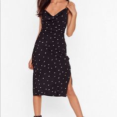 Polka Dot Fitted Midi Slit Dress Polka Dress, Womens Black Dress, The Spot, Black Midi Dress, Dresses Online, Chic Style, Nice Dresses, Polka Dot, Cold Shoulder Dress