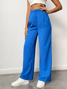 Royal Blue    Polyester Plain  Embellished Non-Stretch All Women Suits Blue Formal Pants Women, Royal Blue Pants Outfit, Blue Trousers Outfit, Blue Wide Leg Trousers, Bright Blue Pants, Blue Pants Outfit, Women Suit Pants