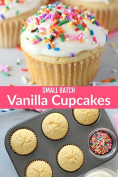 small batch vanilla cupcakes with sprinkles on top