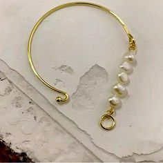 Gold Color With Pearl Bracelet Bangle Style Bracelet, Wire Wrap Bangle, Elegant Pearl Bangle Bracelet With Gold Beads, Wire Wrapping Bracelets, Wire Jewelry Bracelets, Wig Gig, Handmade Elegant Gold-plated Pearl Bracelet, Elegant Gold-tone Pearl Bracelet, Elegant Adjustable Wire-wrapped Pearl Bracelet