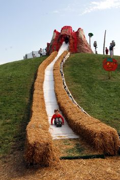 a person sliding down a hill on a fake slide