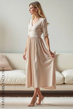 Olivia Mark - Elegant Pastel Midi Dress with Ruffled Sleeves - A Touch of Feminine Grace Pastel Midi Dress, Flowing Fabric, Understated Luxury, Ruffled Sleeves, Fitted Bodice, Olivia Mark, Elegant Dresses, Timeless Elegance, Ruffles