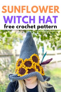 Crochet Witch Cauldron, Crochet Hat Projects, Crochet Fun Hats, Crochet Halloween Hats Free Pattern, Crochet Sunflower Hat, Witch Hat Crochet Pattern Free, Wizard Hat Crochet, Crochet Witch Hat Pattern Free, Witchy Crochet Patterns Free