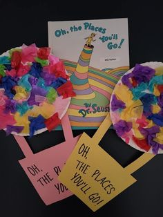 three paper plates with flowers on them next to a sign that says oh the places you'll go