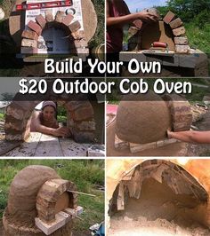 a collage of photos showing how to build an outdoor cob oven with bricks