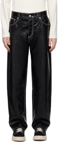 Grained faux-leather trousers. · Belt loops · Five-pocket styling · Button-fly · Logo patch at back waistband · Topstitching at back pocket · Contrast stitching in white Supplier color: Vegan black Black Benz, Faux Leather Jeans, Leather Pants Outfit, Fly Logo, Jeans Belt, Leather Pants Women, Black Leather Pants, Leather Jeans, Leather Trousers