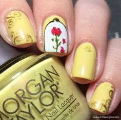 Beauty And The Beast Nails, Disney Princess Nails, Belle Nails, Disney Nail Designs, Confetti Nails, Yellow Nail, Nail Art Disney, Nails Prom, Disney Nails