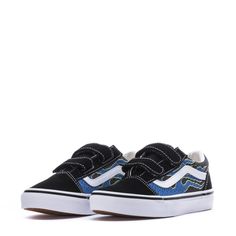 Make a standout statement in the Vans Old Skool V kids' sneakers. Originating from the popular Old Skool, the Old Skool V features the same infamous sidestripe, suede uppers, and padded collars. These skate shoes go the long haul no matter what your day has in store. Two hook and loop straps for a secure fit. Printed canvas and suede upper. Re-enforced toecaps to withstand wear and tear. Midsole cushioning for all-day wearability. Padded collars for support. Vulcanized sole for improved board fe Sporty Vans Skate Shoes For School, Black Sneakers For School In Spring, Black School Sneakers For Spring, Black Spring Sneakers For School, Vans Sneakers For Skateboarding, Vans Skateboarding Sneakers, Vans Low-top Sneakers For School, Sporty Vans Sneakers For School, Sporty School Sneakers By Vans