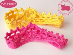 three crocheted hair clips on a white surface with the words pattern below them