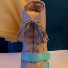 Tall Heel Leather Turquoise Gray Strap Tie Up Bootie Velcro Strap Brand New Excellent Condition Ankle Boots With Ties, Turquoise Grey, Ankle Bootie, Velcro Straps, Ankle Booties, Blue Gray, Bootie, Bootie Boots, Blue Grey