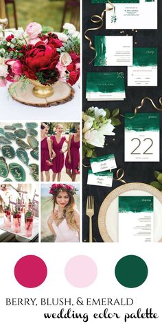 the wedding color palette is green, red and pink