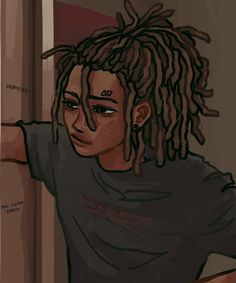 a drawing of a person with dreadlocks leaning against a wall