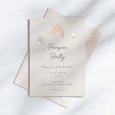 a birthday party card with an image of a flower and leaves on it, in pastel tones