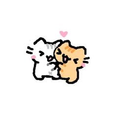 an image of two cats hugging each other with hearts in the sky behind them on a white background