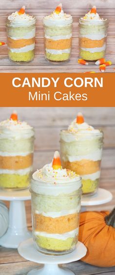 candy corn mini cakes in small glass jars with candy candies on the top and bottom