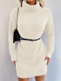 Ladies Casual Simple Turtle Neck Long Sleeve Sweater Dress Beige Casual  Long Sleeve Fabric Plain  Slight Stretch Fall/Winter Women Clothing, size features are:Bust: ,Length: ,Sleeve Length: Turtle Neck Long Sleeve, Loose Knit Sweaters, Dress Beige, Womens Turtleneck, Long Sleeve Sweater Dress, Sweater Dress Women, Vestido Casual, Knit Sweater Dress, Knitwear Women