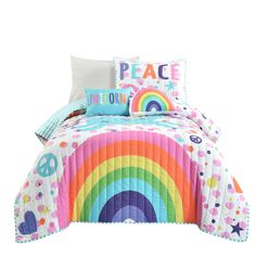 4-pc set includes: 1 Quilt, 1 Pillow Sham, 2 unique Dec-Pillows. Animal Print. 100% Polyester. Lush Decor White Animal Reversible Twin Quilt with (Fill) Polyester | 16T006083 Rainbow Themed Bedroom, Kids Comforter Sets, Rainbow Bedroom, Unicorns And Rainbows, Dec Pillows, Kids Comforters, Bedroom Stuff, Rainbow Pillow, Rainbow Room