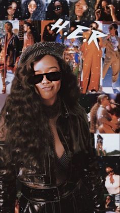 a collage of photos with an image of a woman wearing sunglasses and a leather jacket