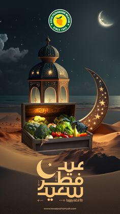 an advertisement for the islamic food festival, with arabic writing on it and a moon in the background